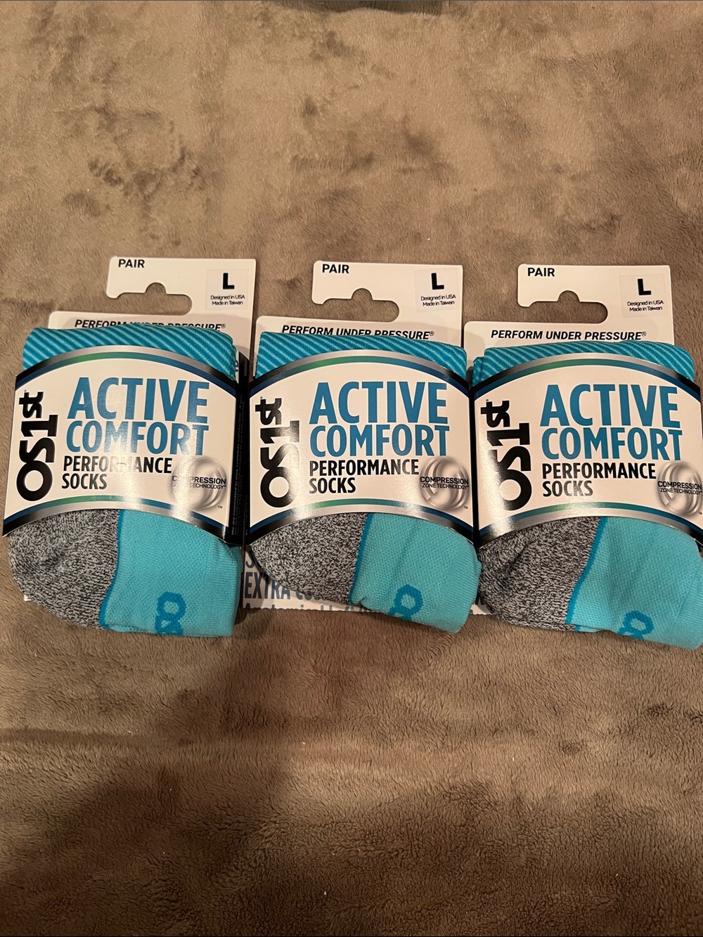 OS1ST Active Comfort Performance Socks - Aqua & Gray, Large (3 Pack)